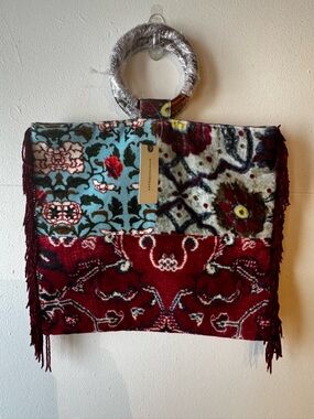 Anthropologie Red Multi Patchwork Fringe Tote
